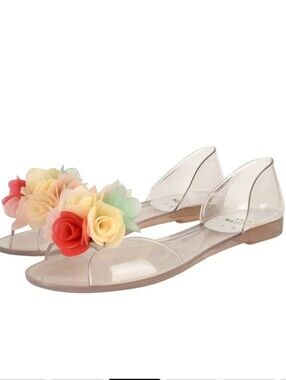 Stuart Weitzman Clear Floral Jelly Sandals with Multicolor Rose Accents. Size 7M